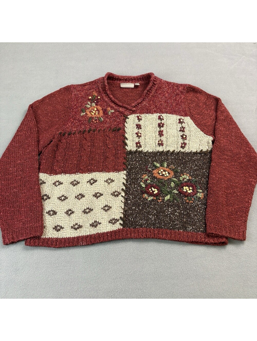 Vintage Croft And Barrow Floral Flower Knit Sweater Women’s Large Red